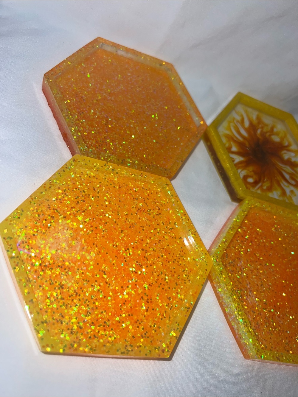 Handmade Glitter Orange Hexagon Resin Coaster Set